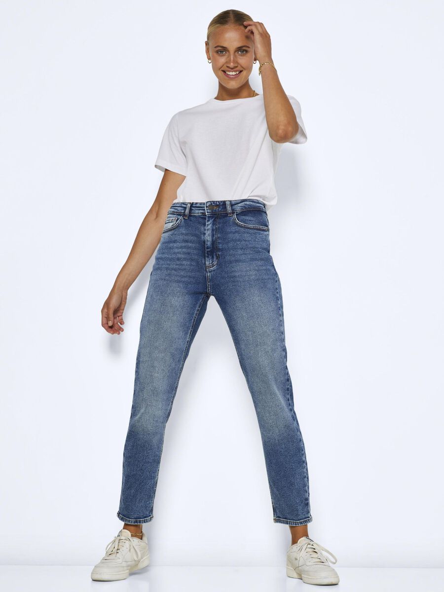 NMMONI CROPPED HIGH WAISTED STRAIGHT FIT JEANS, Blue