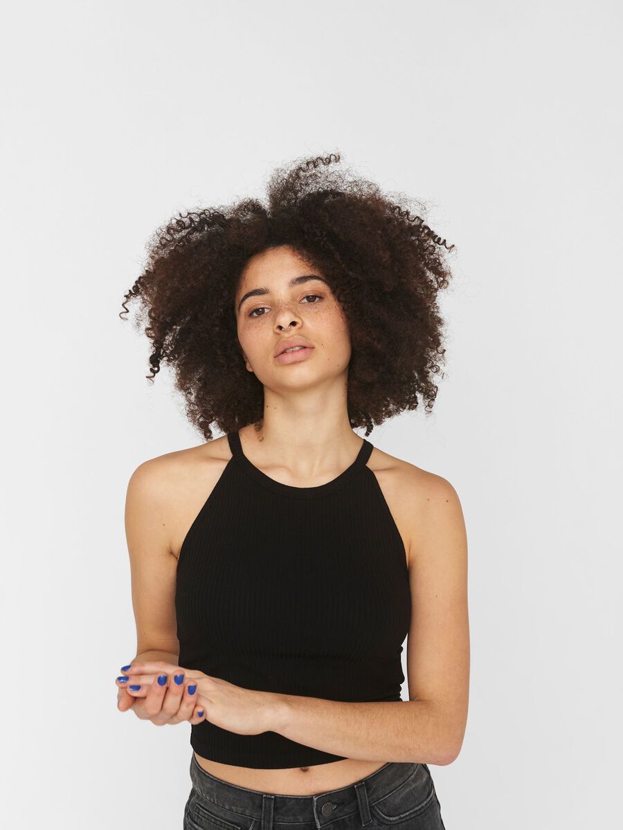 RIB HALTER NECK TOP, Black, highres