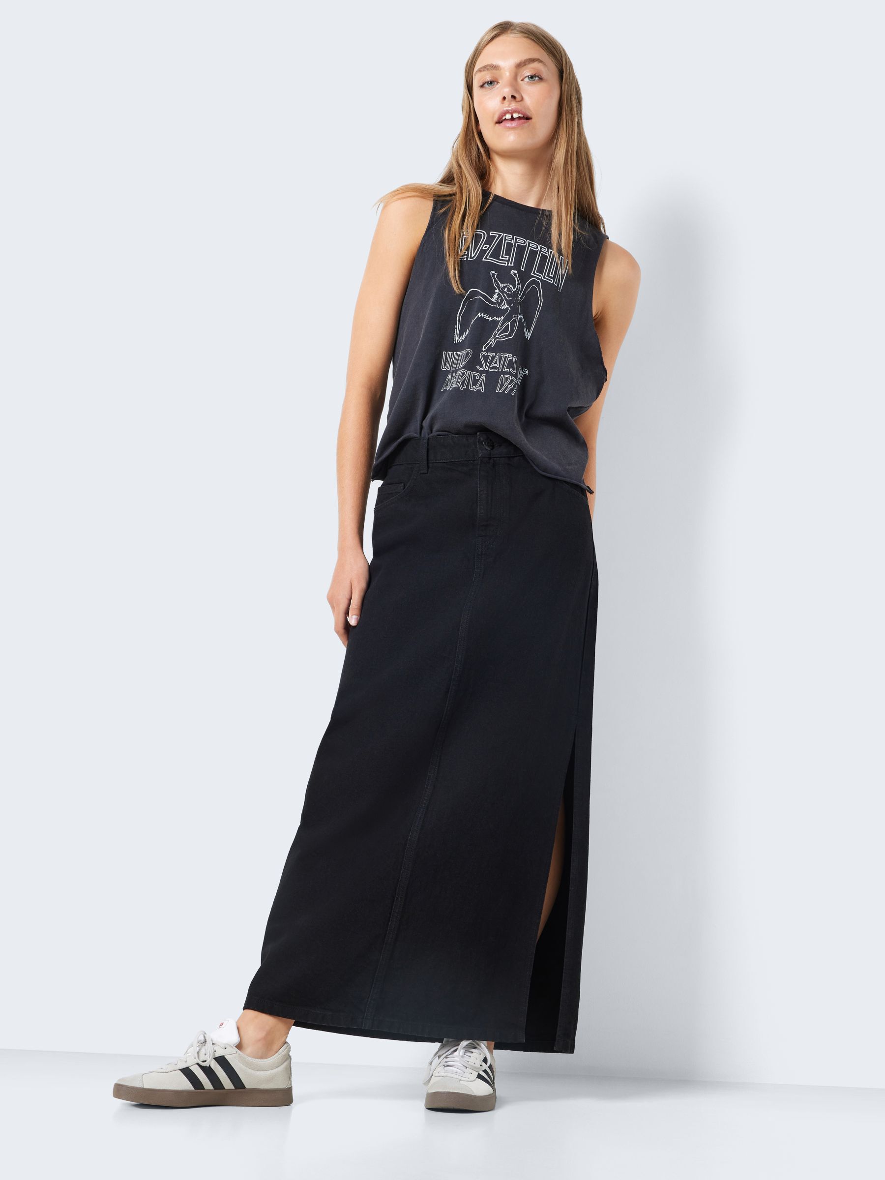Long denim skirt with side slits top