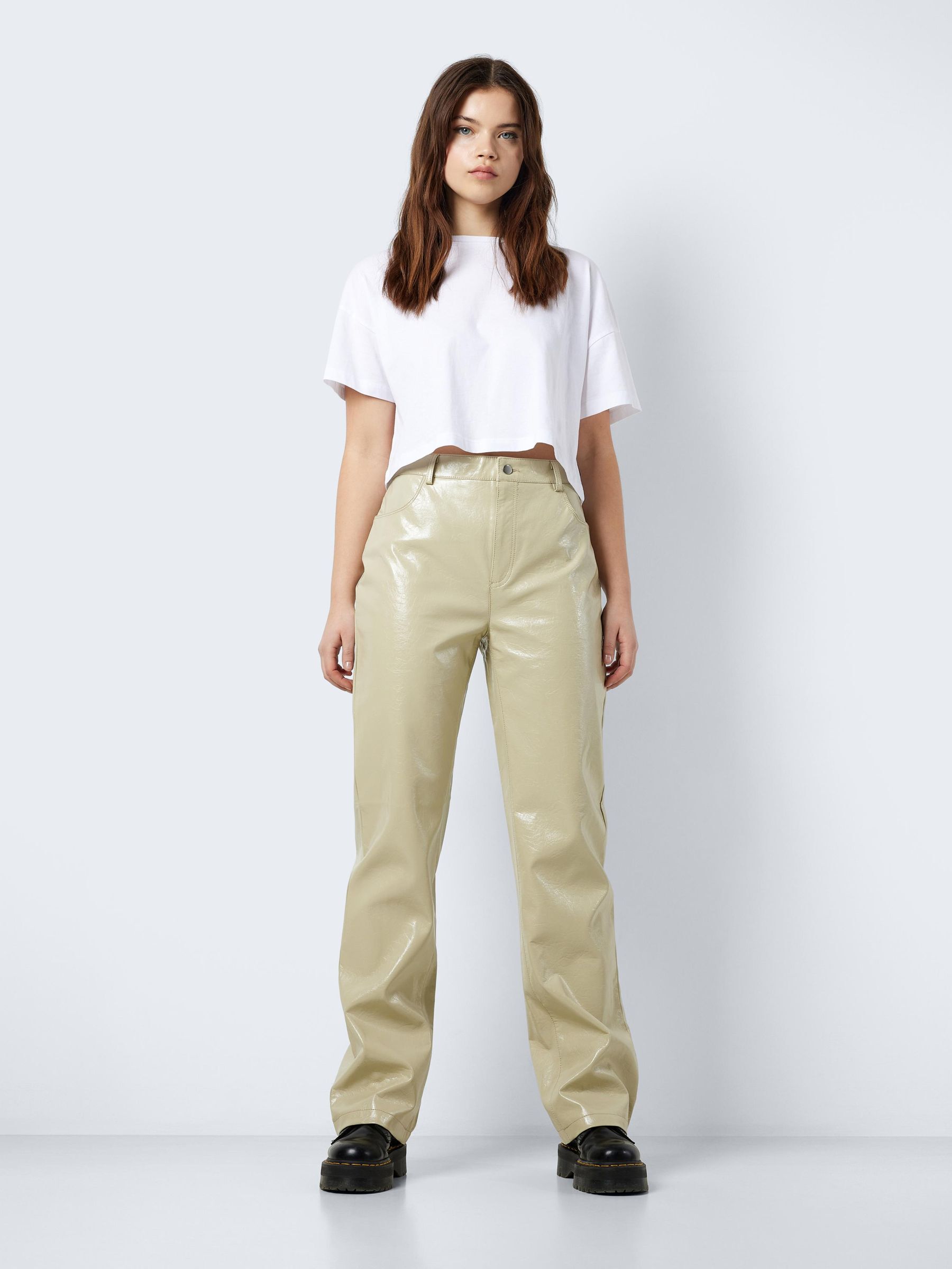 Beige faux leather pants new arrivals