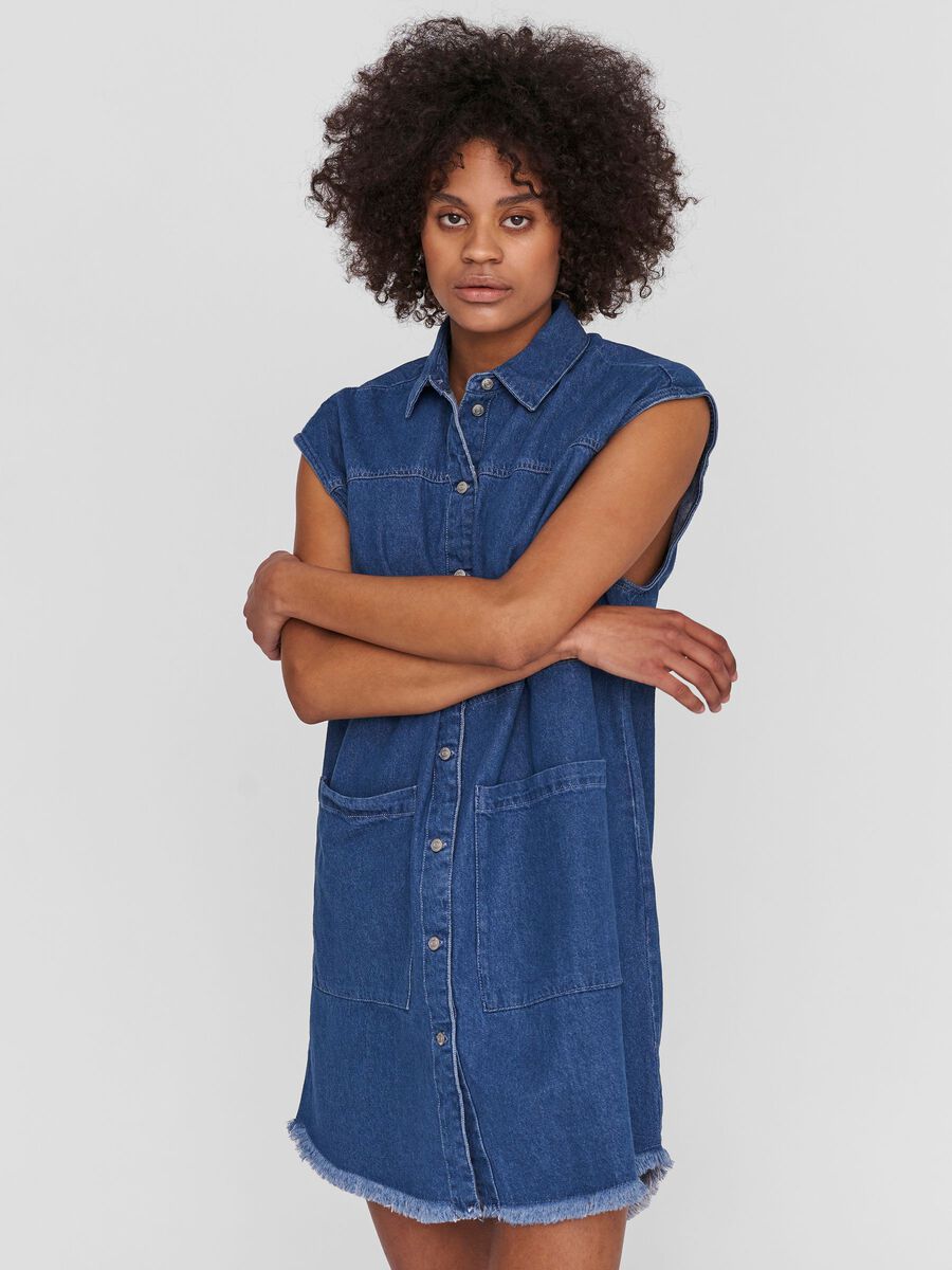 SLEEVELESS DENIM DRESS, Medium Blue Denim, highres