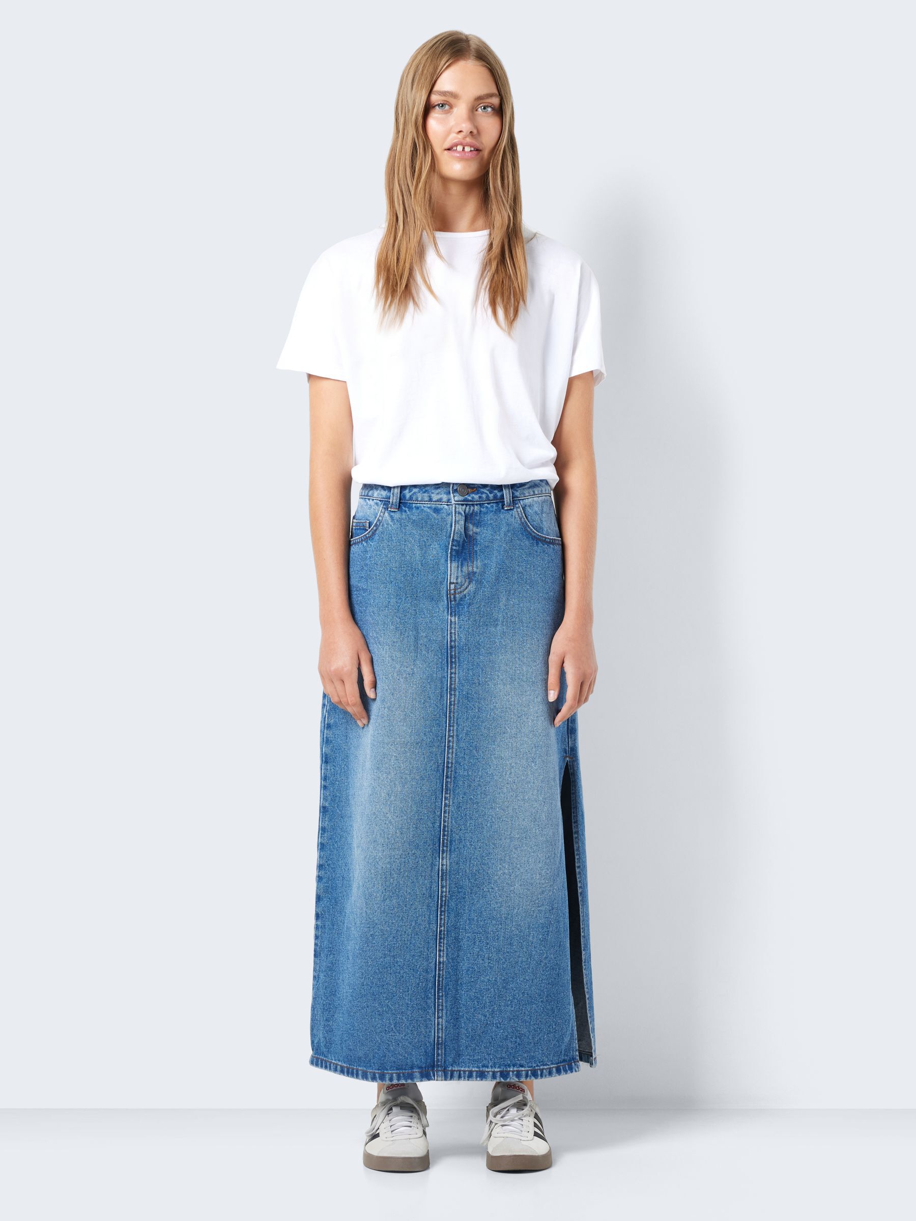 Mid length denim skirts long hotsell