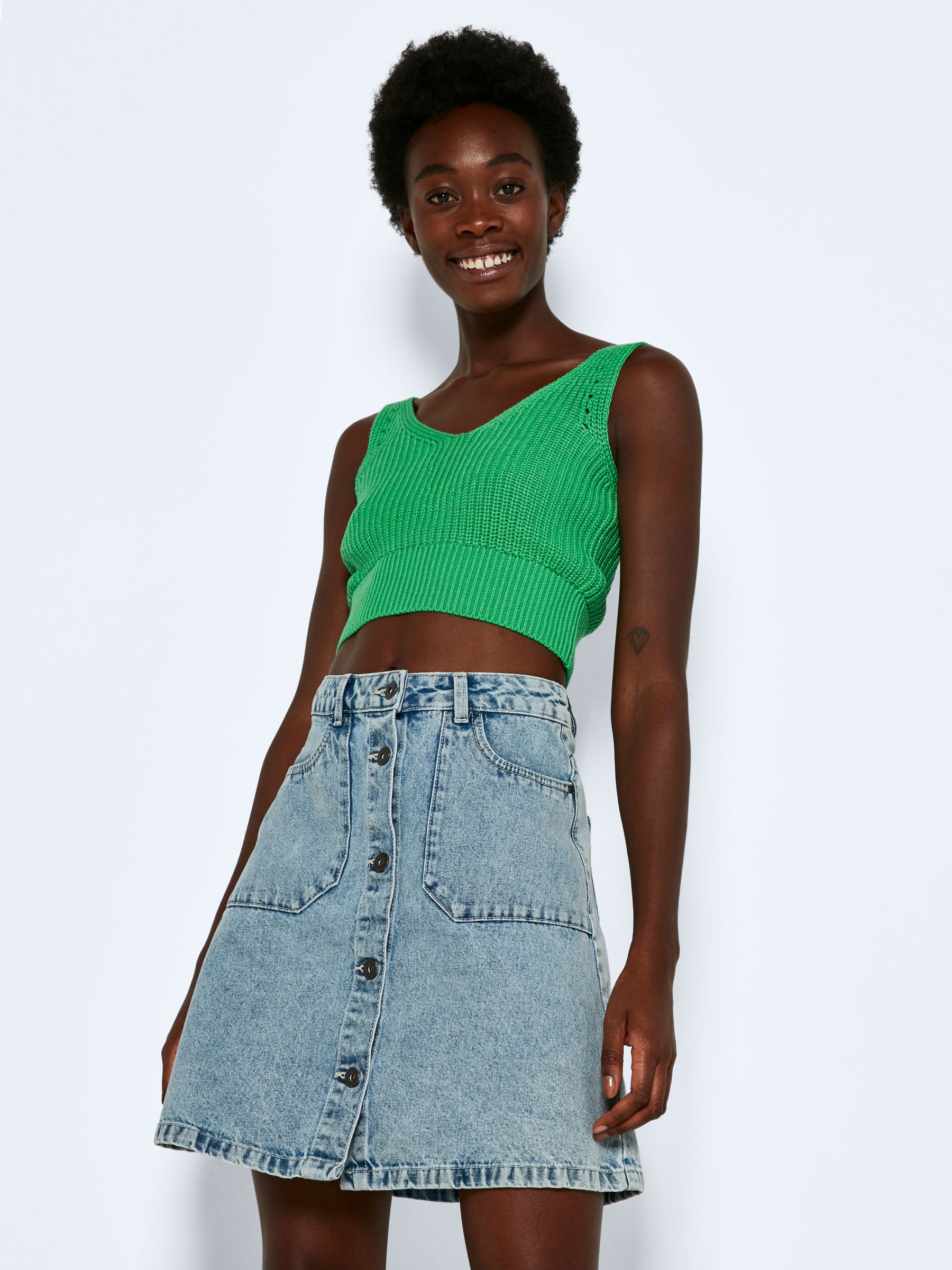 Blue high waisted top denim skirt