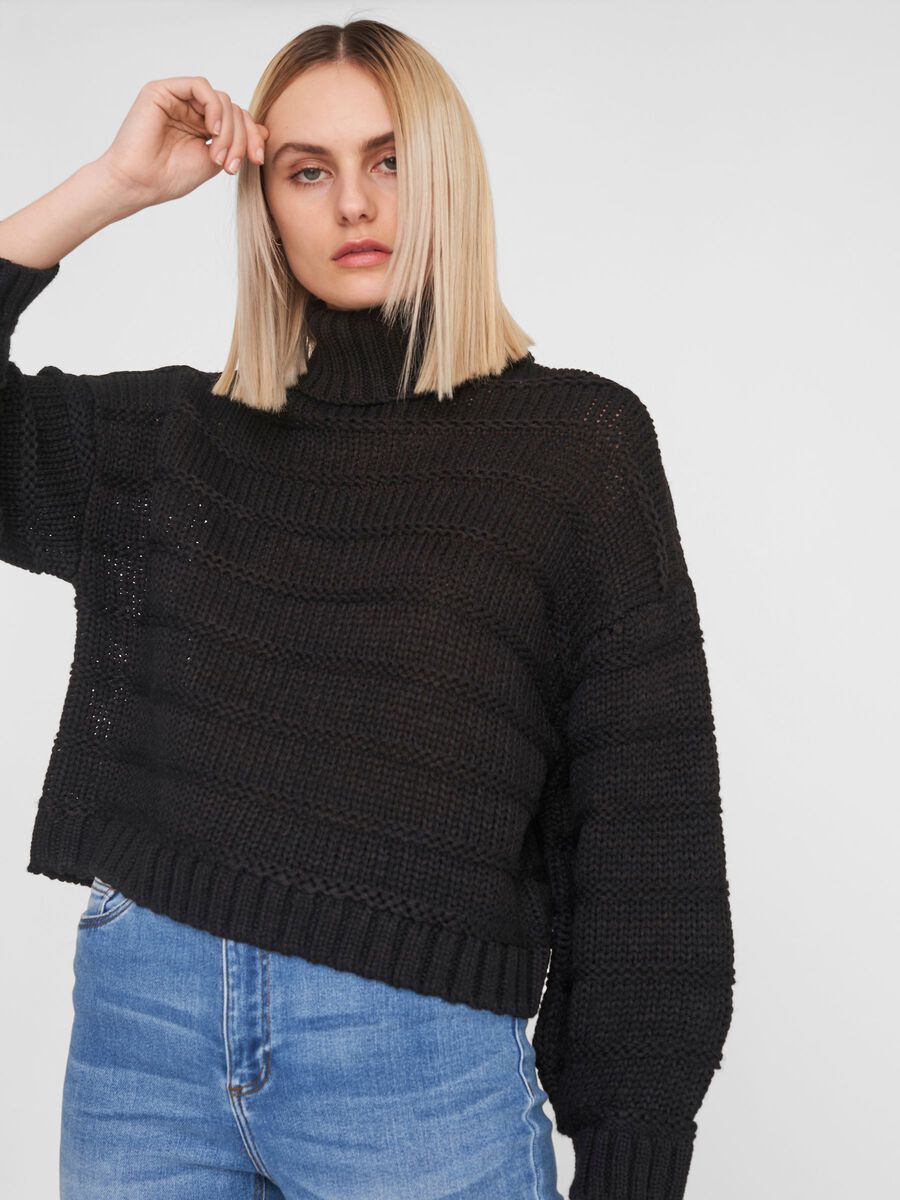 HIGH-NECK KNITTED PULLOVER, Black, highres