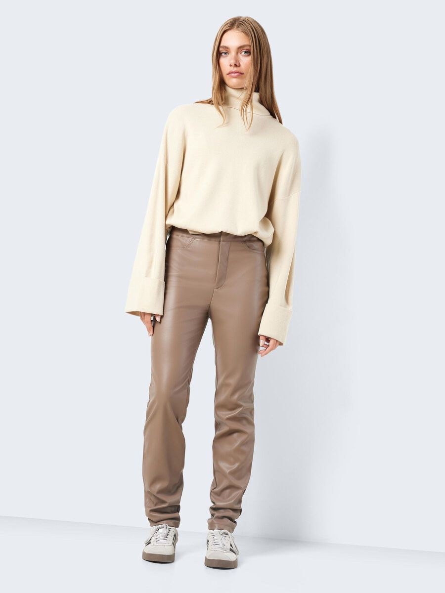 CROPPED FAUX LEATHER TROUSERS, Beige