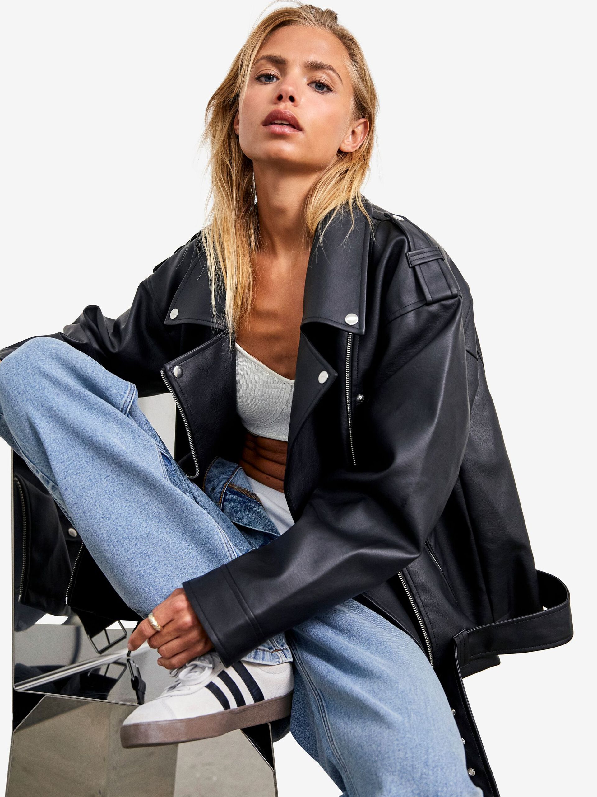 Carousel image - OVERSIZE FAUX LEATHER JACKET, Black | 8