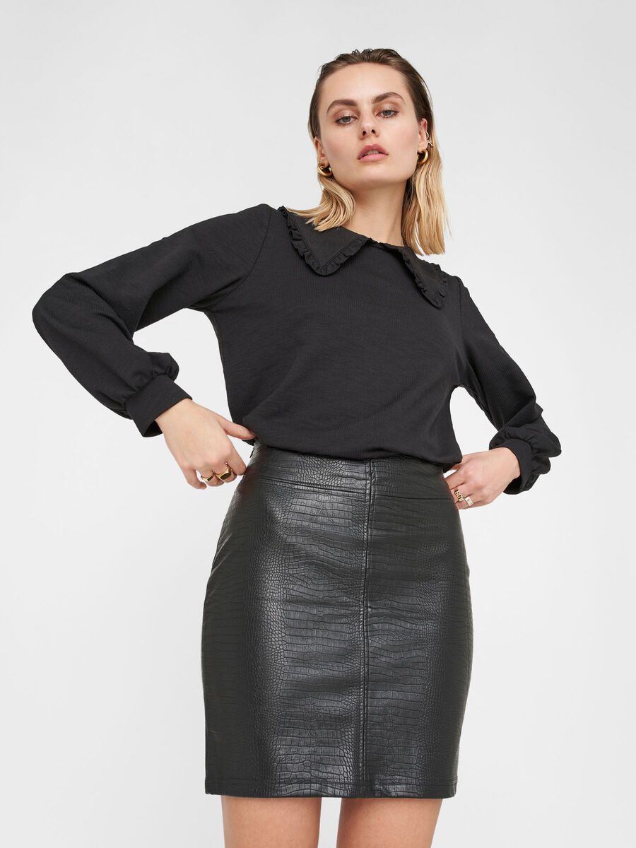 COATED EMBOSSED SKIRT, Black, highres