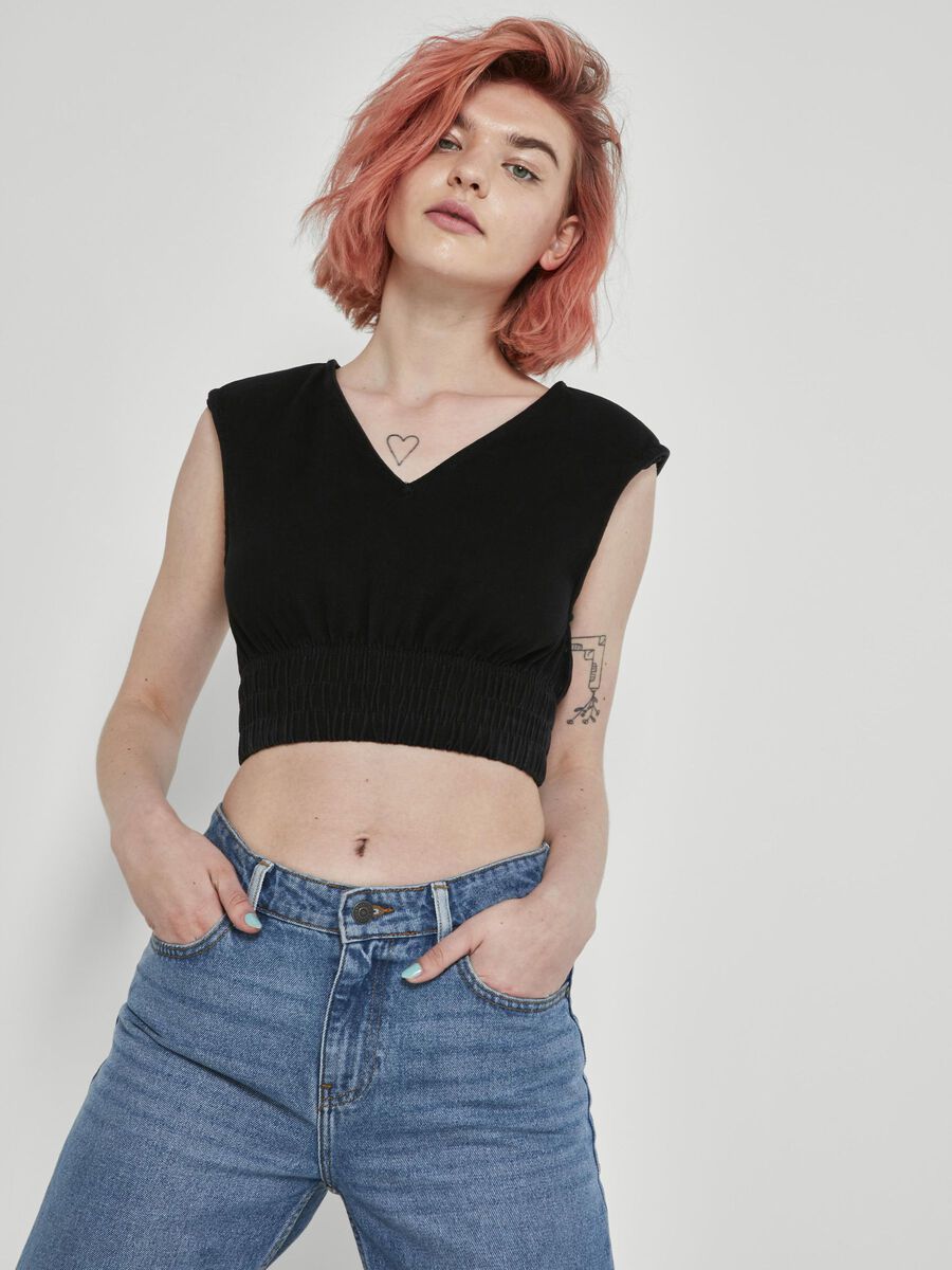 PADDED SHOULDER TOP, Black, highres