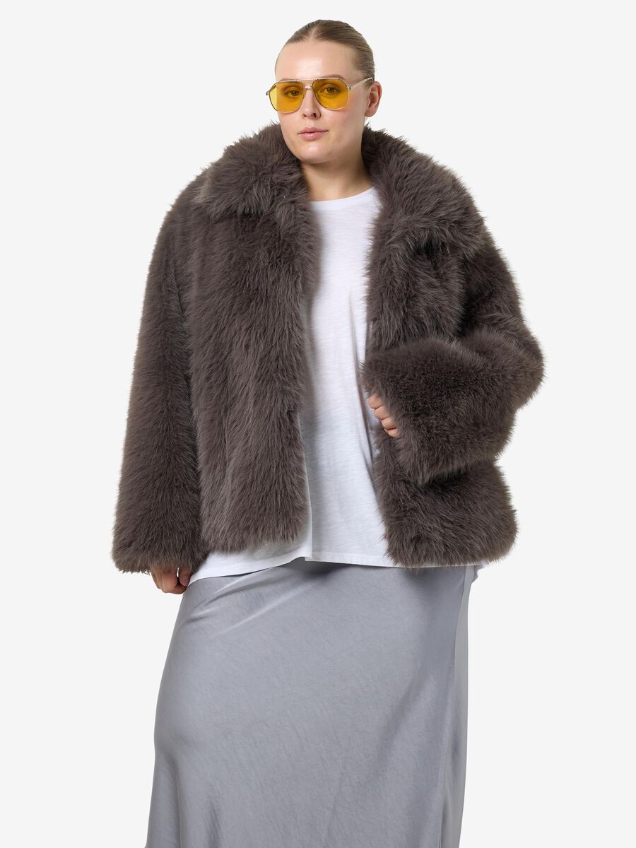 Carousel image - CURVE FAUX FUR JACKET, Charcoal Gray | 1