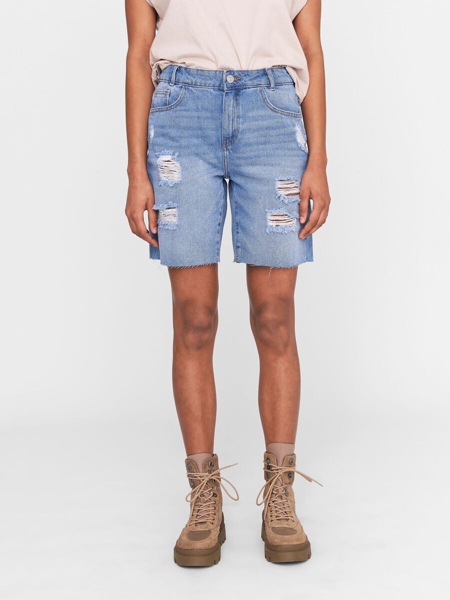 LONG DESTROYED DENIM SHORTS, Light Blue Denim, highres