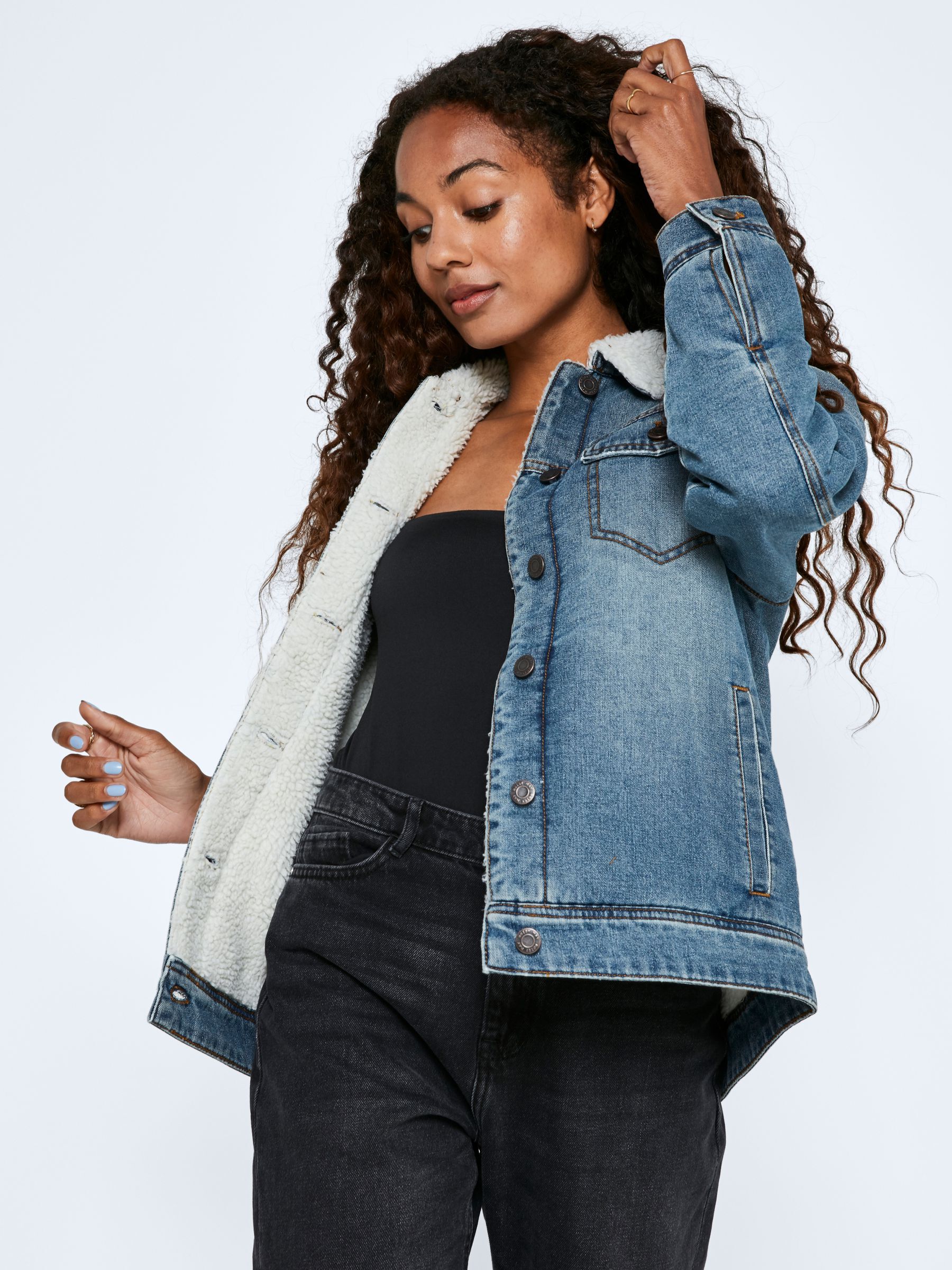 Only teddy sleeve denim jacket outlet