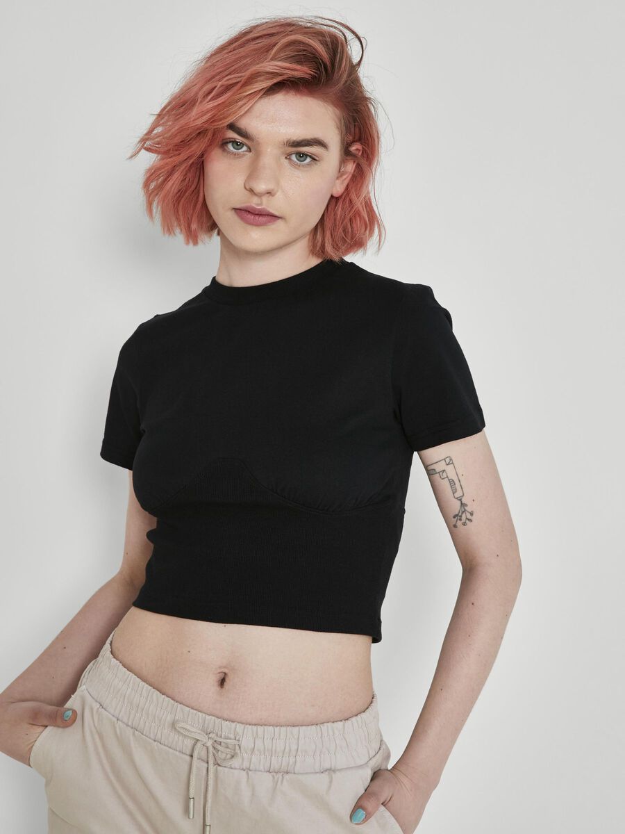 CROPPED SHORT SLEEVED TOP, Black, highres